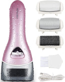 Electric Foot File Rechargeable Pedicure Tool – 3 Interchangeable Rollers (Fine, Regular, Coarse), IPX6 Waterproof, 2-Speed Motor, LED Power Indicator, USB Charging, Includes Cleaning Brush, Compact & Quiet for Home Spa (Pink)