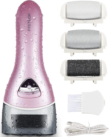 Electric Foot File Rechargeable Pedicure Tool – 3 Interchangeable Rollers (Fine, Regular, Coarse), IPX6 Waterproof, 2-Speed Motor, LED Power Indicator, USB Charging, Includes Cleaning Brush, Compact & Quiet for Home Spa (Pink)