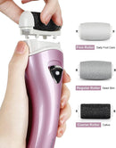 Electric Foot File Rechargeable Pedicure Tool – 3 Interchangeable Rollers (Fine, Regular, Coarse), IPX6 Waterproof, 2-Speed Motor, LED Power Indicator, USB Charging, Includes Cleaning Brush, Compact & Quiet for Home Spa (Pink)