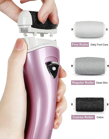 Electric Foot File Rechargeable Pedicure Tool – 3 Interchangeable Rollers (Fine, Regular, Coarse), IPX6 Waterproof, 2-Speed Motor, LED Power Indicator, USB Charging, Includes Cleaning Brush, Compact & Quiet for Home Spa (Pink)
