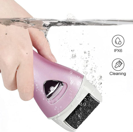 Electric Foot File Rechargeable Pedicure Tool – 3 Interchangeable Rollers (Fine, Regular, Coarse), IPX6 Waterproof, 2-Speed Motor, LED Power Indicator, USB Charging, Includes Cleaning Brush, Compact & Quiet for Home Spa (Pink)