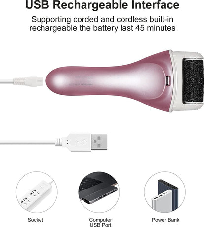 Electric Foot File Rechargeable Pedicure Tool – 3 Interchangeable Rollers (Fine, Regular, Coarse), IPX6 Waterproof, 2-Speed Motor, LED Power Indicator, USB Charging, Includes Cleaning Brush, Compact & Quiet for Home Spa (Pink)