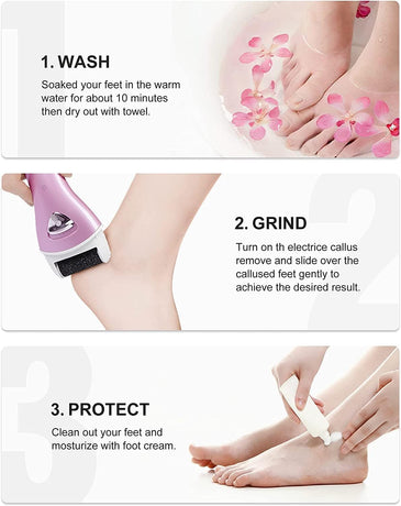 Electric Foot File Rechargeable Pedicure Tool – 3 Interchangeable Rollers (Fine, Regular, Coarse), IPX6 Waterproof, 2-Speed Motor, LED Power Indicator, USB Charging, Includes Cleaning Brush, Compact & Quiet for Home Spa (Pink)