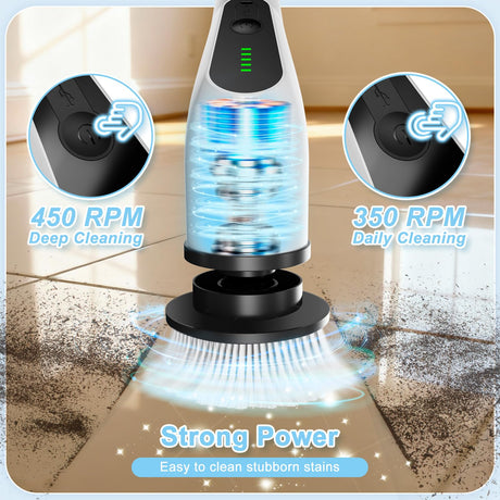 Wireless Electric Cleaning Brush with 8 Replaceable Heads – Adjustable Extendable Handle for Bathroom, Kitchen, Tiles & Car (White)