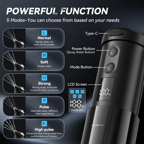 Electric Ear Cleaner with 5 Modes – Rechargeable Ear Irrigator with LCD Display, Foldable Nozzle, and Soft Silicone Tips for Safe Earwax Removal at Home or Travel (Black)