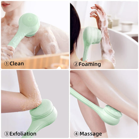 Electric Body Brush with Dual Handles – Waterproof Rotating Bath Scrubber, 3 Replaceable Heads, USB-C Charging, 2 Speeds(Green)