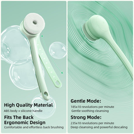 Electric Body Brush with Dual Handles – Waterproof Rotating Bath Scrubber, 3 Replaceable Heads, USB-C Charging, 2 Speeds(Green)