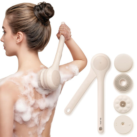 Electric Body Brush with Dual Handles – Waterproof Rotating Bath Scrubber, 3 Replaceable Heads, USB-C Charging, 2 Speeds(Milk coffee)