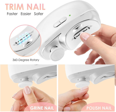 3-in-1 Electric Nail Trimmer for Kids, Adults & Seniors – Auto Nail Clipper with Polish Plate, Dust Collector, LED Light, Whisper-Quiet 40dB Operation, USB-C Rechargeable, Safe for Sensitive Nails (White)