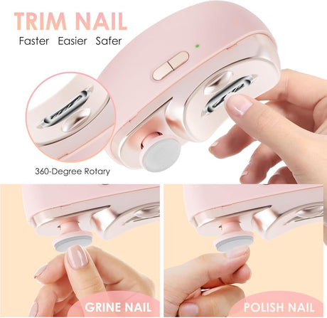 3-in-1 Electric Nail Trimmer for Kids, Adults & Seniors – Auto Nail Clipper with Polish Plate, Dust Collector, LED Light, Whisper-Quiet 40dB Operation, USB-C Rechargeable, Safe for Sensitive Nails (Pink)