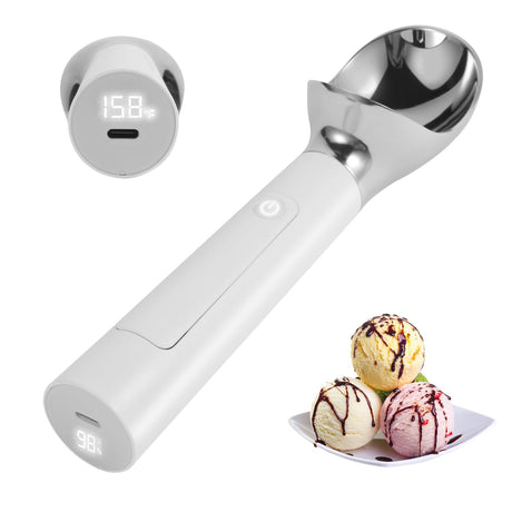 Heated Ice Cream Scoop with LED Display & 3400mAh Battery – Rechargeable, IP67 Waterproof, Instant Heating for Hard Ice Cream, Suitable for Home and Commercial Use (White)