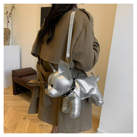 French Bulldog Shaped Bag – Cute Animal Crossbody Shoulder Bag with Adjustable Strap, PU Leather Dog Backpack for Women, Fashion Statement Accessory (Silver)