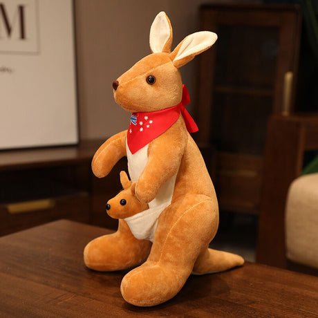 Kangaroo Stuffed Animal with Joey in Pouch & Australia Scarf - Soft Cuddly Plush Toy(45cm, light brown
)| Other Colors Available in Store
