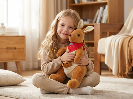 Kangaroo Stuffed Animal with Joey in Pouch & Australia Scarf - Soft Cuddly Plush Toy(45cm, light brown
)| Other Colors Available in Store