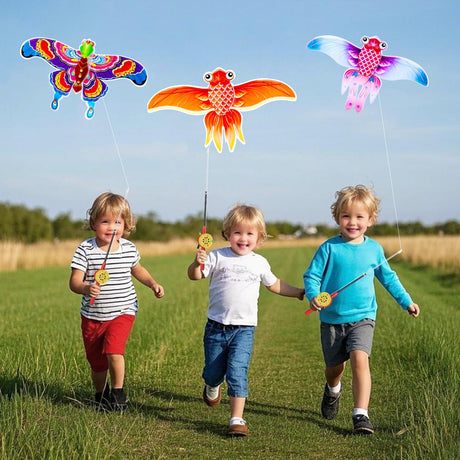 Kids’ Mini Fishing-Rod Kite Set –  3-Pack Fish Designs, Easy-Grip Reel Handle, Adjustable Line, Lightweight & Durable for Outdoor Play, Perfect for Beginners Ages 3–8, Encourages Active Fun and Family Bonding (Multicolor)