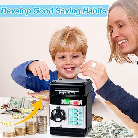 Smart ATM Piggy Bank with Password Lock & Coin Slot – Educational Money Box for Kids, Saves Coins & Bills (Black) | Other Colors Available In-Store