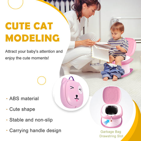 Portable Folding Potty for Toddlers – Compact Travel Toilet with Cat Design, Easy to Carry & Clean, Ideal for Home, Car, Camping, Outdoor Use (Pink)
