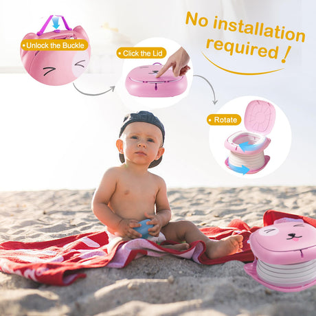 Portable Folding Potty for Toddlers – Compact Travel Toilet with Cat Design, Easy to Carry & Clean, Ideal for Home, Car, Camping, Outdoor Use (Pink)