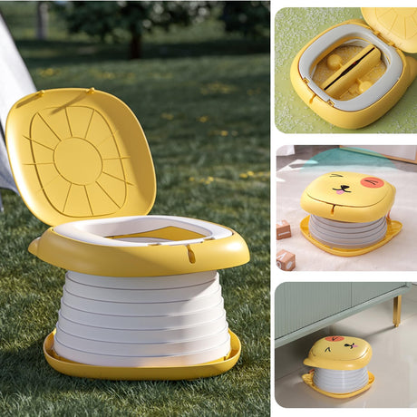 Portable Folding Potty for Toddlers – Compact Travel Toilet with Cat Design, Easy to Carry & Clean, Ideal for Home, Car, Camping, Outdoor Use (Yellow)