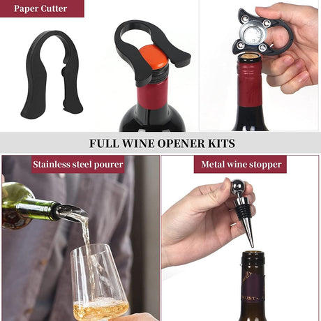 Goose-Style Rapid Wine Opener Set 20 x 13 cm – Heavy-Duty Lever Corkscrew with Foil Cutter, Pourer, Stopper, and Extra Spiral Worm – Premium Stainless Steel Wine Kit in Gift Box (Black)