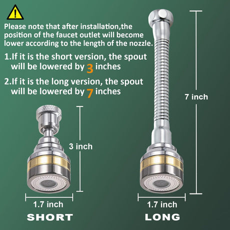 Multi-Function Rotating Faucet Aerator – 360° Swivel Kitchen Sink Extender with Adjustable Flow Modes, 3-inch & 7-inch Lengths, Anti-Splash Sprayer for Washing, Cleaning, and Filling (Silver,Short)