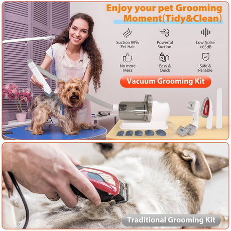 All-in-One Pet Grooming Vacuum Kit with Electric Clipper & Brushes for Dogs and Cats, Low Noise & Strong Suction (Grey)