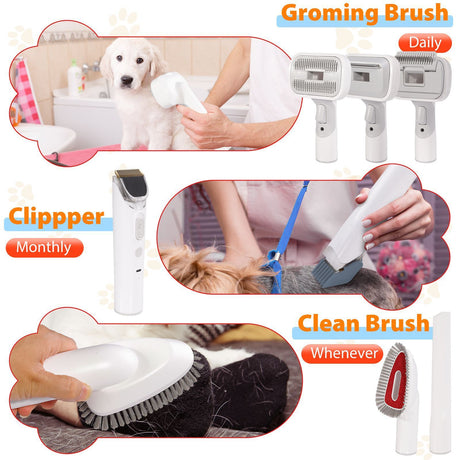 All-in-One Pet Grooming Vacuum Kit with Electric Clipper & Brushes for Dogs and Cats, Low Noise & Strong Suction (Grey)