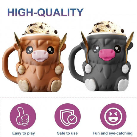 Modern Highland Cow Ice Pint Holder – Fun Animal Mug with Secret Snack Drawer, Lid Holders, and Wide Opening(Brown)