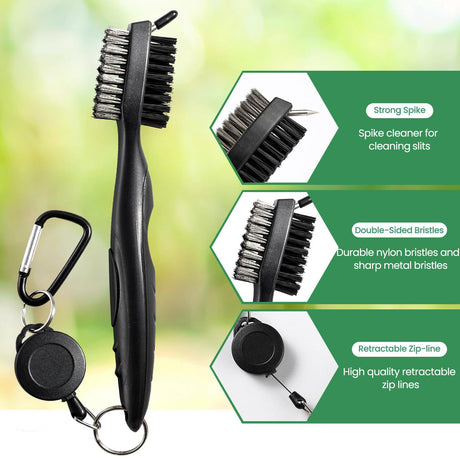Golf Club Cleaning Brush Set with Retractable Zip Line – 3-Pack Dual-Sided Brush for Deep Groove Cleaning (Blue)