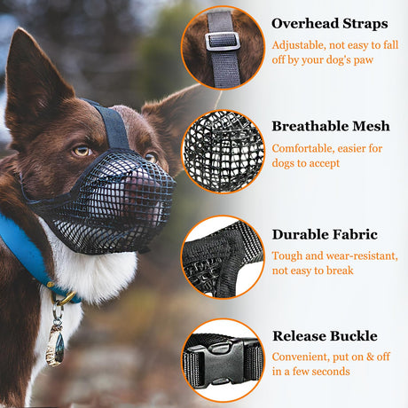Soft Mesh Dog Muzzle for Small Medium Large Dogs – Breathable Adjustable Anti-Bite Chewing Guard with Overhead Strap – Fits Labrador, German Shepherd, Golden Retriever – 5 Sizes (Grey,L)