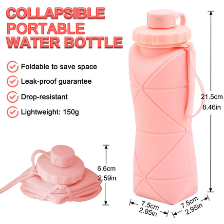 Collapsible Silicone Water Bottle 600ML – Foldable, Leak-Proof, BPA-Free, Portable Outdoor Sports Bottle with Carrying Strap – Compact Design for Hiking, Gym, Travel (Pink)