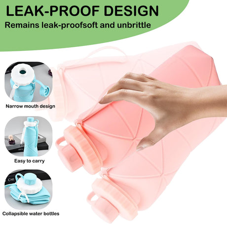 Collapsible Silicone Water Bottle 600ML – Foldable, Leak-Proof, BPA-Free, Portable Outdoor Sports Bottle with Carrying Strap – Compact Design for Hiking, Gym, Travel (Pink)