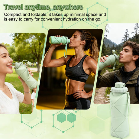 Collapsible Silicone Water Bottle 600ML – Foldable, Leak-Proof, BPA-Free, Portable Outdoor Sports Bottle with Carrying Strap – Compact Design for Hiking, Gym, Travel (Pink)