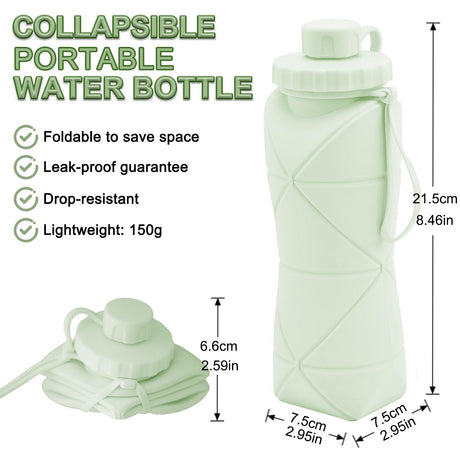 Collapsible Silicone Water Bottle 600ML – Foldable, Leak-Proof, BPA-Free, Portable Outdoor Sports Bottle with Carrying Strap – Compact Design for Hiking, Gym, Travel (Green)