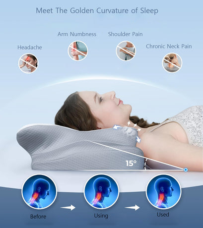 High-Performance Butterfly Memory Foam Pillow – 15° Cervical Support, Cooling Gel Cover, Ergonomic Contour Design for Neck Pain Relief & Deep Sleep – Ideal for Side & Back Sleepers (White & Gray)