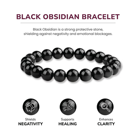 12mm Natural Black Obsidian Beaded Bracelet for Men and Women – Stretchable Healing Crystal Jewelry with Elastic Band, Protective Energy Stone Gift for Birthday, Valentine’s Day, Meditation (Black)