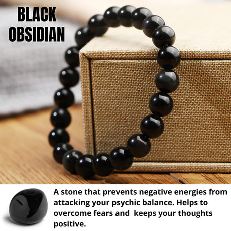 16mm Natural Black Obsidian Beaded Bracelet for Men and Women – Stretchable Healing Crystal Jewelry with Elastic Band, Protective Energy Stone Gift for Birthday, Valentine’s Day, Meditation (Black)