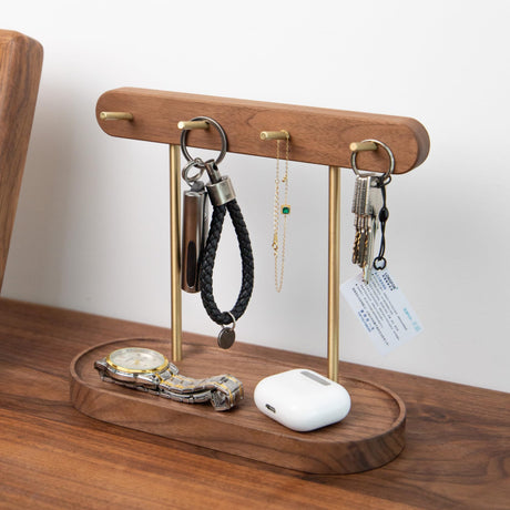 Modern Walnut Wood Key Holder with Brass Hooks – Desktop Organizer for Keys, Jewelry, Watches, and Small Accessories, Compact Design (Walnut)