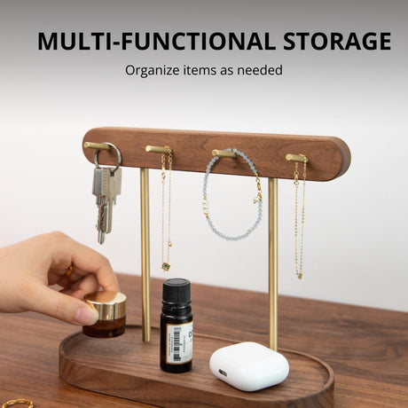 Modern Walnut Wood Key Holder with Brass Hooks – Desktop Organizer for Keys, Jewelry, Watches, and Small Accessories, Compact Design (Walnut)