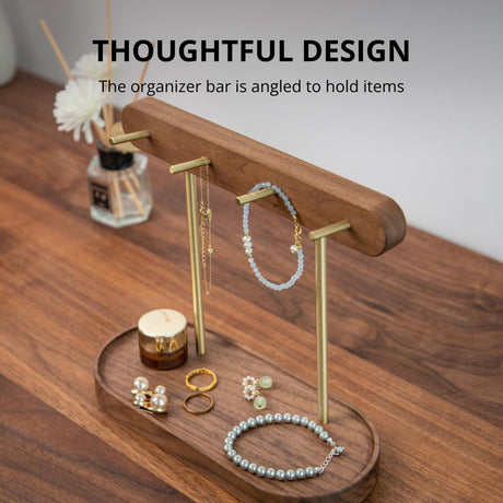 Modern Walnut Wood Key Holder with Brass Hooks – Desktop Organizer for Keys, Jewelry, Watches, and Small Accessories, Compact Design (Walnut)
