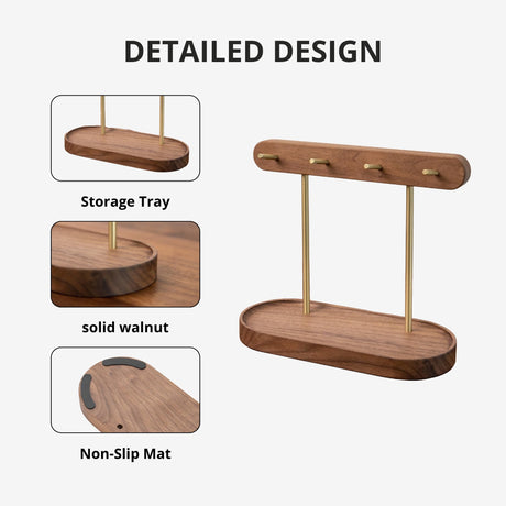 Modern Walnut Wood Key Holder with Brass Hooks – Desktop Organizer for Keys, Jewelry, Watches, and Small Accessories, Compact Design (Walnut)