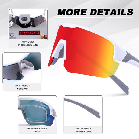 High-End Polarized Sports Sunglasses for Men Women – UV400 Protection, Anti-Fog, Lightweight TR90 Frame, Removable Lens, Ideal for Cycling, Running, Fishing, Golf (White & Red)