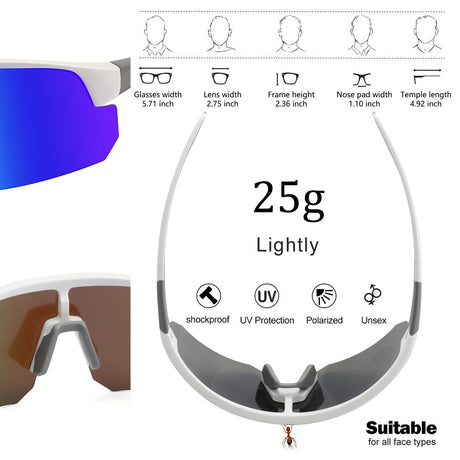 High-End Polarized Sports Sunglasses for Men Women – UV400 Protection, Anti-Fog, Lightweight TR90 Frame, Removable Lens, Ideal for Cycling, Running, Fishing, Golf (White & Blue)