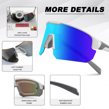 High-End Polarized Sports Sunglasses for Men Women – UV400 Protection, Anti-Fog, Lightweight TR90 Frame, Removable Lens, Ideal for Cycling, Running, Fishing, Golf (White & Blue)
