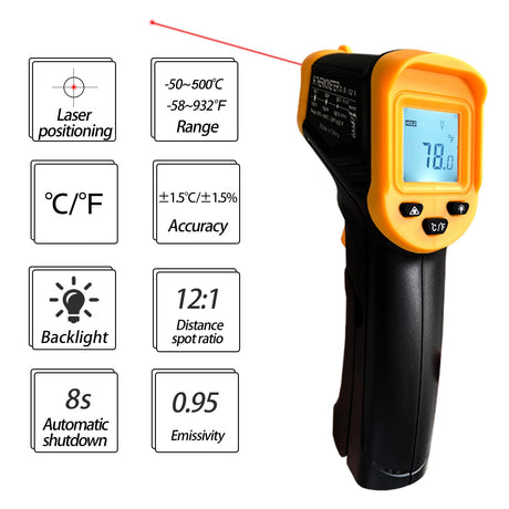 Infrared Thermometer Gun – Non-Contact Digital Laser Temp Meter for Cooking, HVAC, Automotive & Industrial Use, -50°C to 500°C, Backlit LCD, 12:1 D:S Ratio (Black/Yellow)