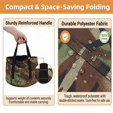Collapsible Outdoor Bucket with Handles – Foldable Water Container for Camping, Fishing, Travel & Washing, Durable Waterproof Polyester Basin (Camouflage)