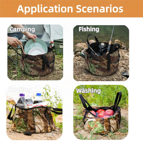 Collapsible Outdoor Bucket with Handles – Foldable Water Container for Camping, Fishing, Travel & Washing, Durable Waterproof Polyester Basin (Camouflage)
