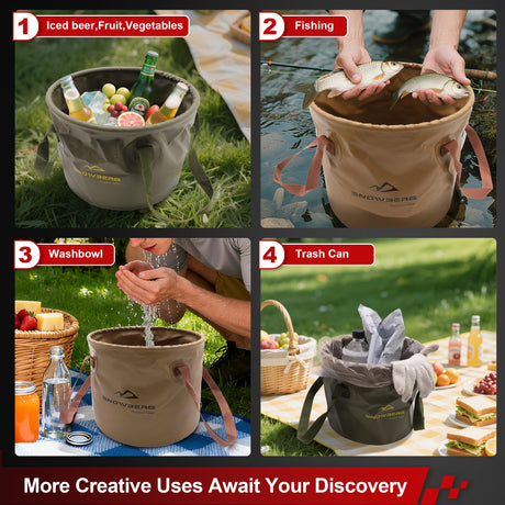 Multi-Use Collapsible Bucket – Foldable Camping Container with Dual Handles, 10L/20L Capacity, Supports 22 lbs or 44 lbs, Waterproof PVC Mesh for Fishing, Washing, Picnics & Outdoor Use (Coffee,Trumpet)