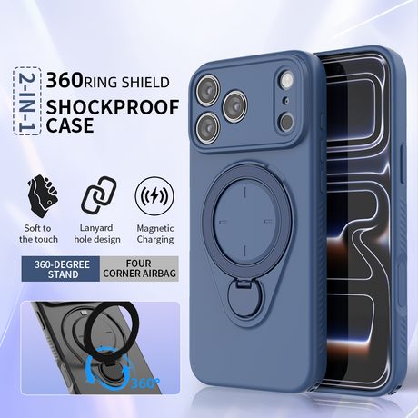 Magnetic Shockproof Case with 360-Degree Rotating Ring Stand for iPhone 17 Pro Max – Slim Protective Phone Cover with Airbag Corners and Wireless Charging Support for Home, Office, Travel and Daily Use (Grey)