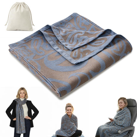 Premium Travel Blanket – Ultra-Soft Knit Wrap for Airplane, Car, Office Naps, and Gifts – Lightweight, Breathable, and Stylish with Storage Bag (Blue)